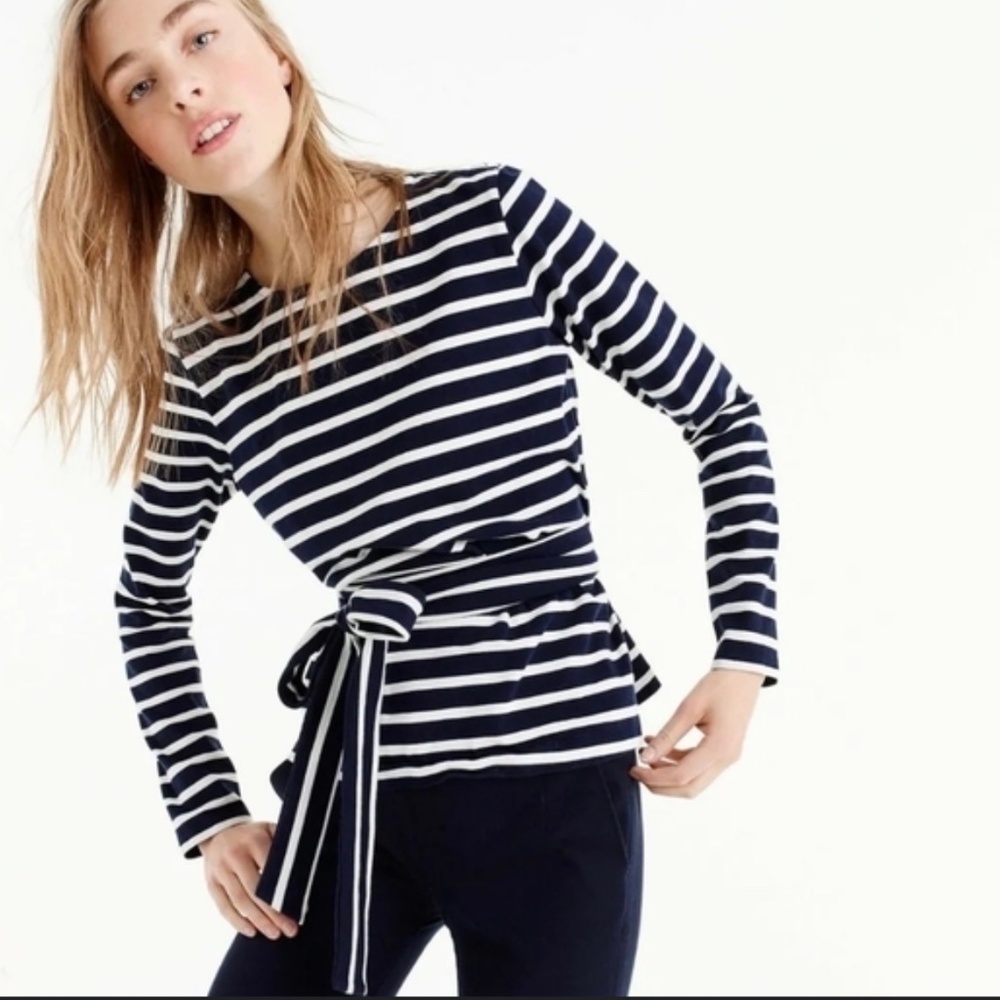 J.Crew Striped Belted Crossback Long Sleeve Top Sz M